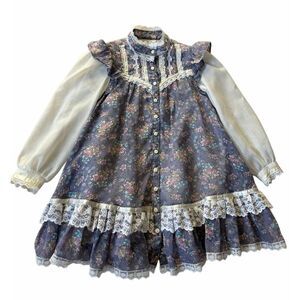 Gunne Sax VTG Girl’s Dress Long Sleeve Lace Floral Ditsy Cottage Purple White Si